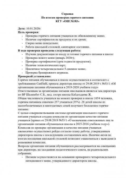 Справка по итогам проверки горячего питания